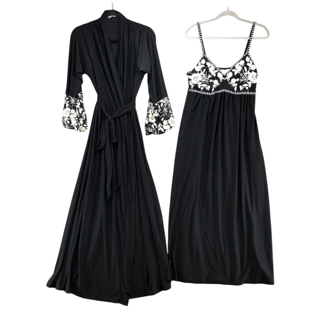 Soma Nightgown Robe Set Womens Large L/XL Black White Floral Embroidered Trim
